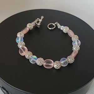 Vintage beaded bracelet silver, rose quartz toned & clear glass beads 7" length